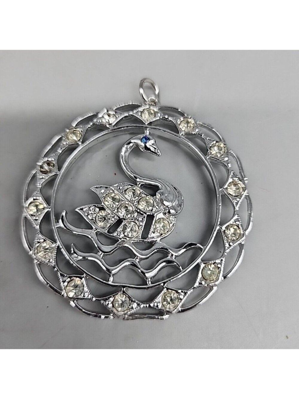 Christmas 2 1/4” in Diameter Silver Swan Blue Eye Rhinestone Ornament Pendant